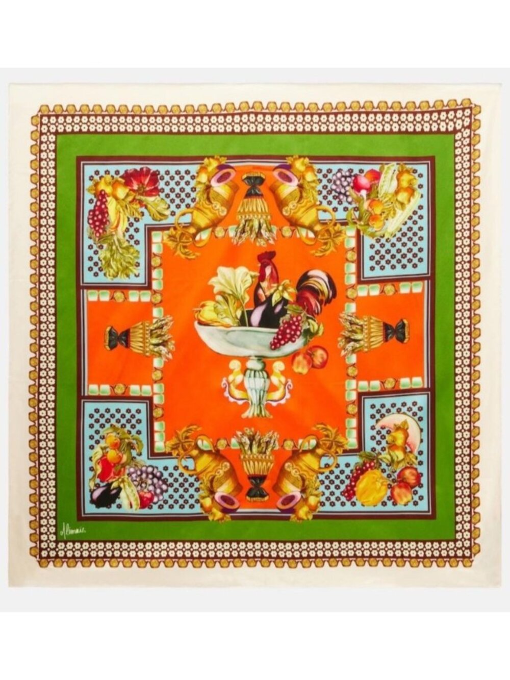 ALÉMAIS Rocco Printed Silk Scarf With Vibrant Floral & Fruit Design
